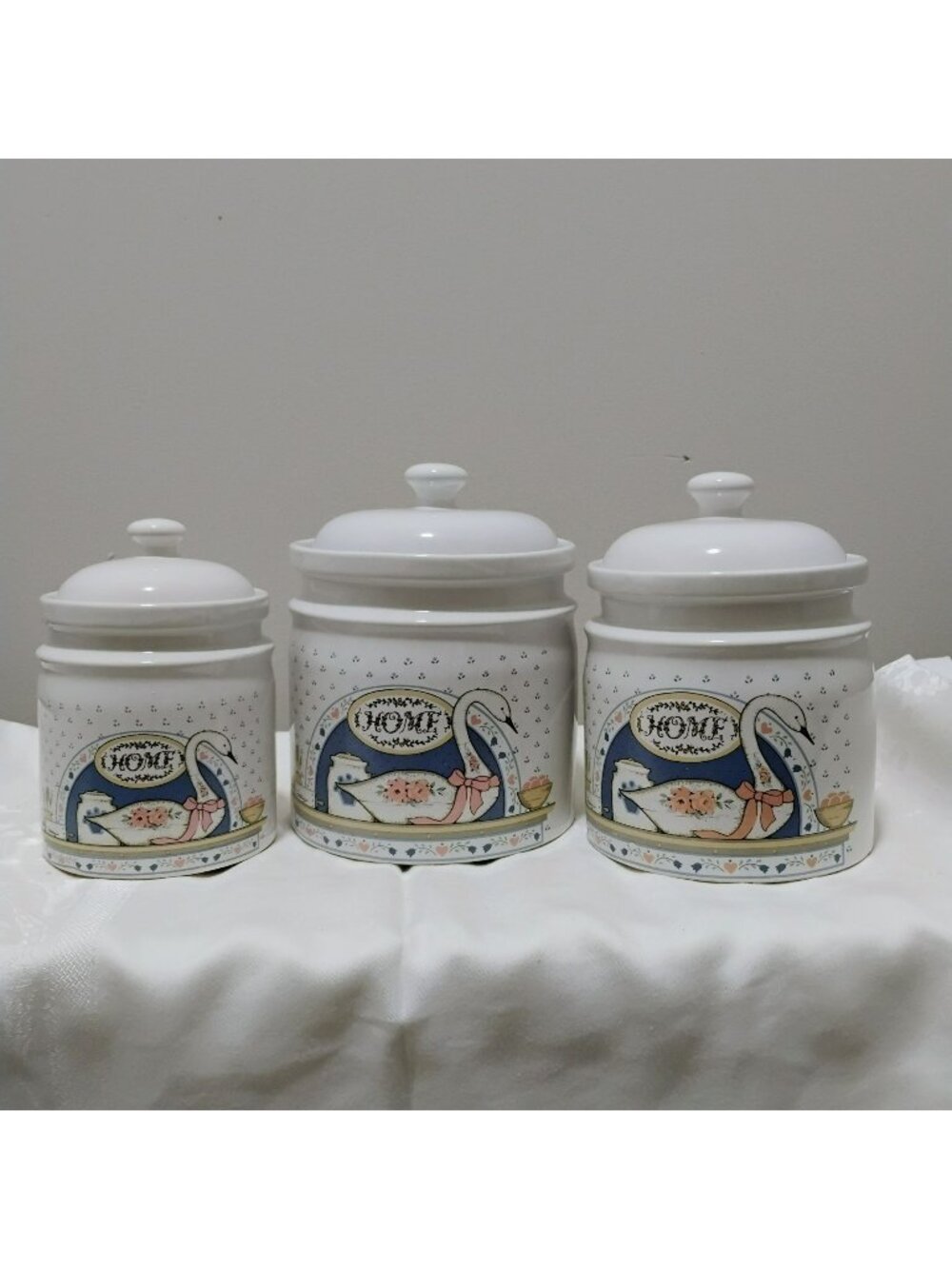 Vintage Country Home Ceramic Canister Set With Swan Design, Set Of 3 Cottagecore
